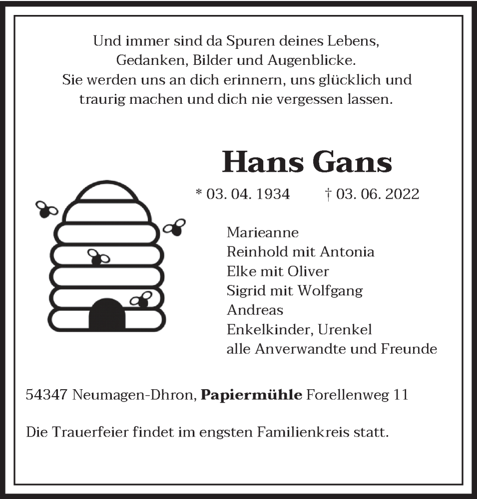  Traueranzeige für Hans Gans vom 11.06.2022 aus trierischer_volksfreund