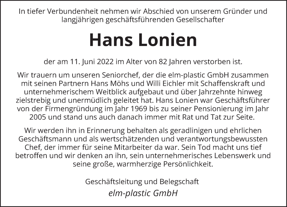  Traueranzeige für Hans Lonien vom 20.06.2022 aus trierischer_volksfreund