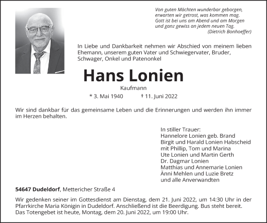 Traueranzeige von Hans Lonien von trierischer_volksfreund