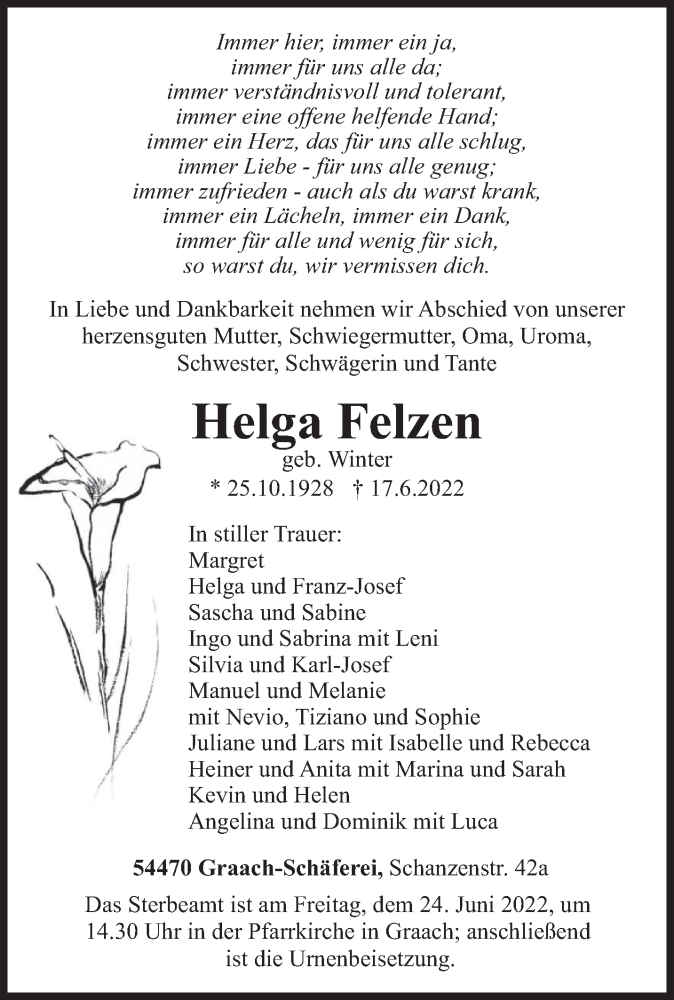  Traueranzeige für Helga Felzen vom 20.06.2022 aus trierischer_volksfreund