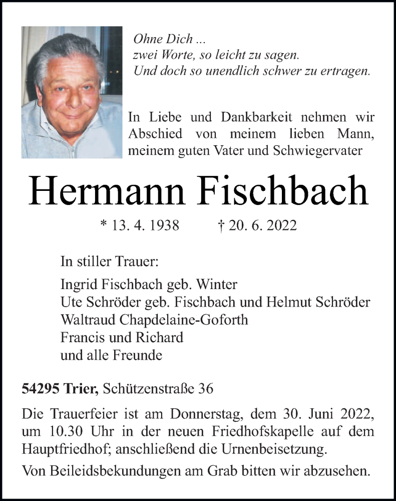  Traueranzeige für Hermann Fischbach vom 27.06.2022 aus trierischer_volksfreund