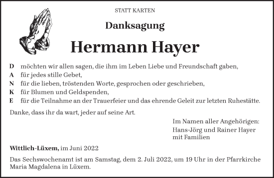 Traueranzeige von Hermann Hayer von trierischer_volksfreund