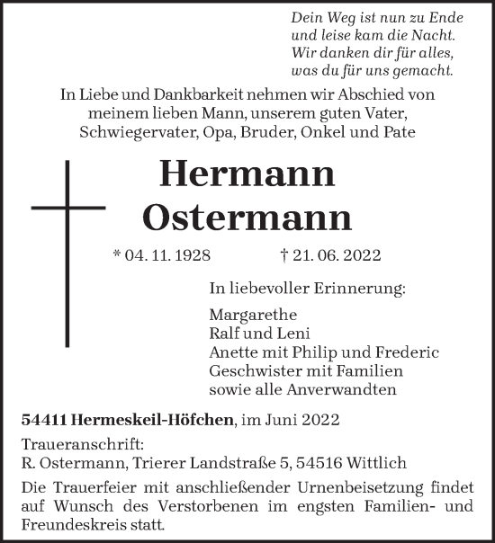 Traueranzeige von Hermann Ostermann von trierischer_volksfreund