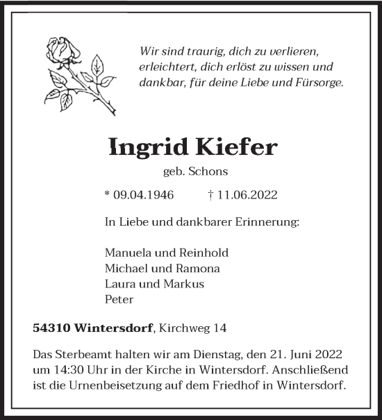 Traueranzeige von Ingrid Kiefer von trierischer_volksfreund