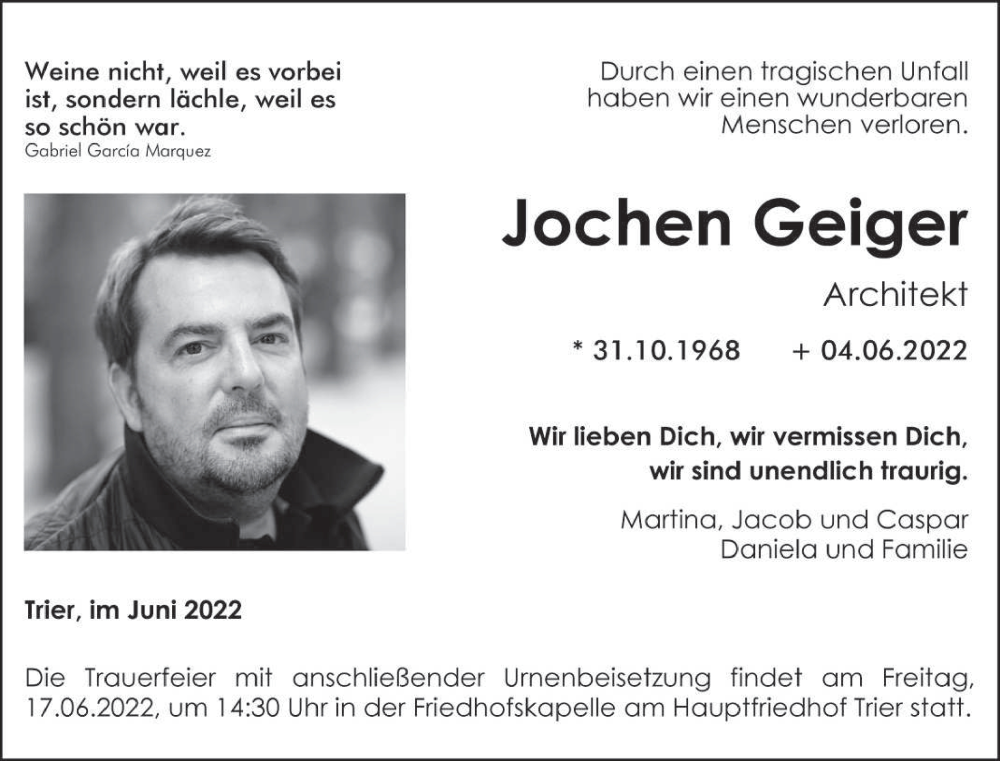  Traueranzeige für Jochen Geiger vom 11.06.2022 aus trierischer_volksfreund