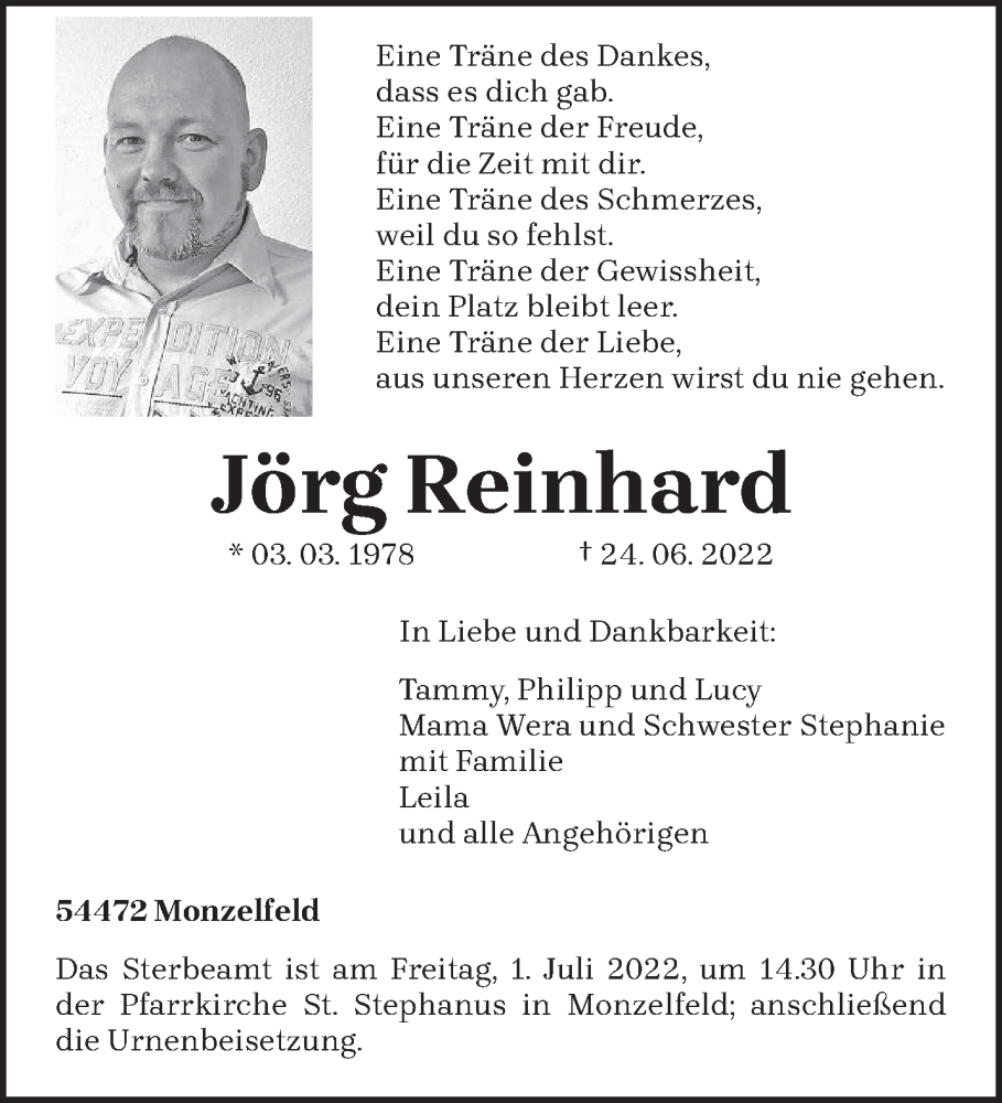  Traueranzeige für Jörg Reinhard vom 29.06.2022 aus trierischer_volksfreund