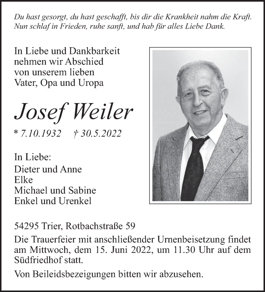 Traueranzeigen Von Josef Weiler | Volksfreund.Trauer.de