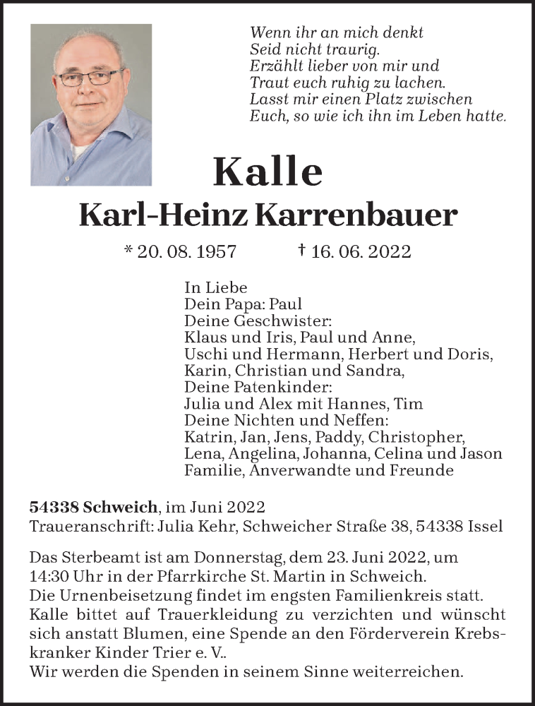  Traueranzeige für Karl-Heinz Karrenbauer vom 18.06.2022 aus trierischer_volksfreund