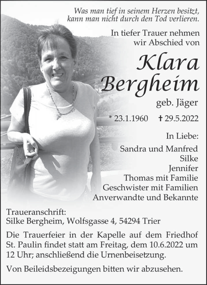  Traueranzeige für Klara Bergheim vom 04.06.2022 aus trierischer_volksfreund