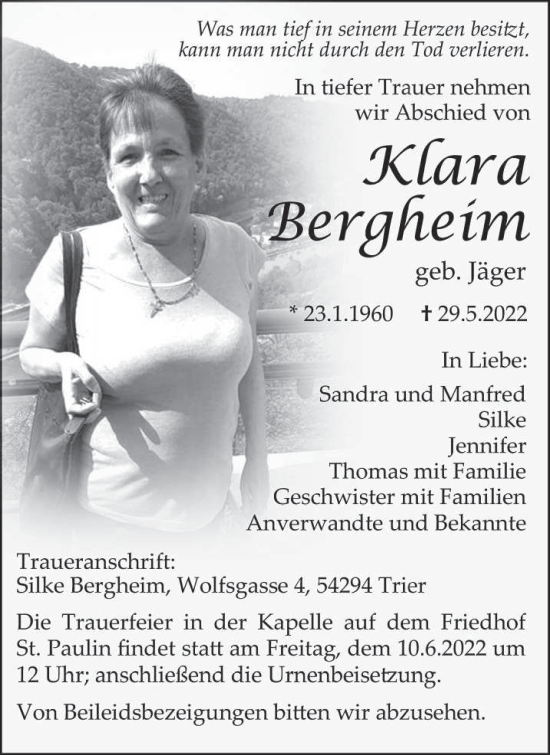 Traueranzeige von Klara Bergheim von trierischer_volksfreund