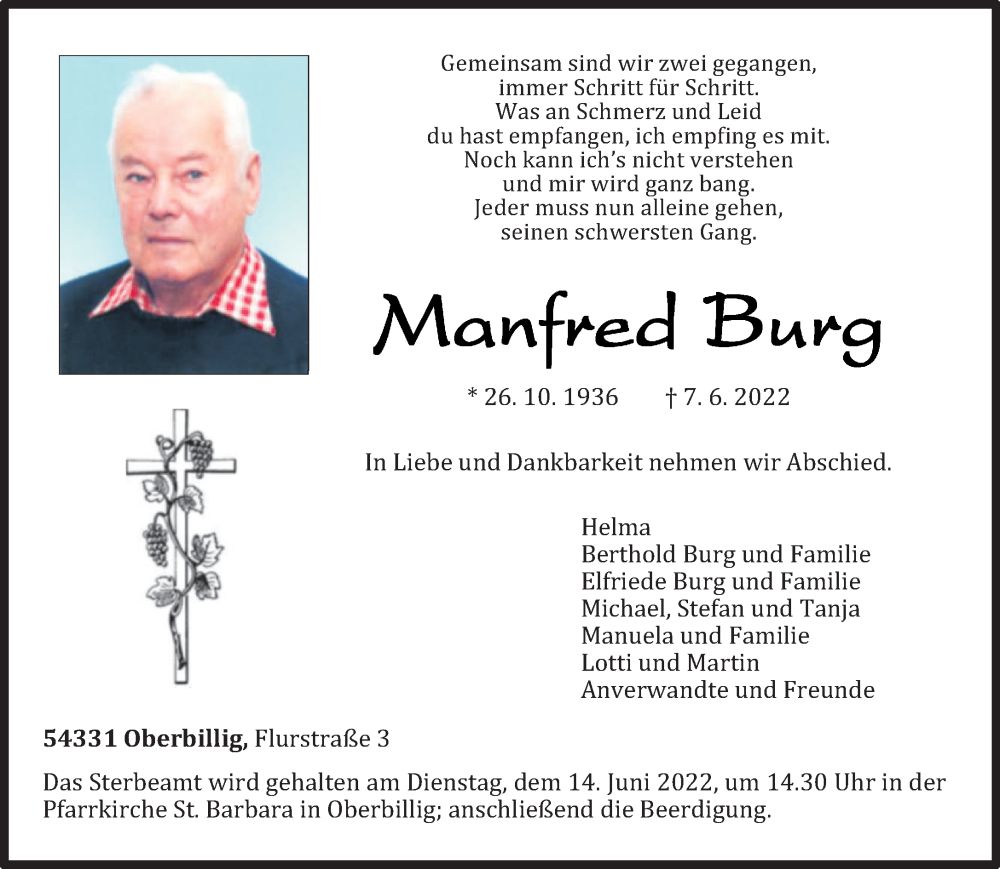  Traueranzeige für Manfred Burg vom 10.06.2022 aus trierischer_volksfreund