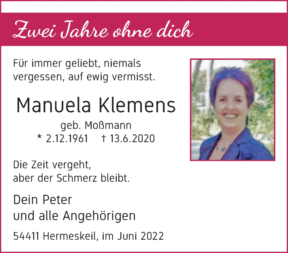  Traueranzeige für Manuela Klemens vom 18.06.2022 aus trierischer_volksfreund