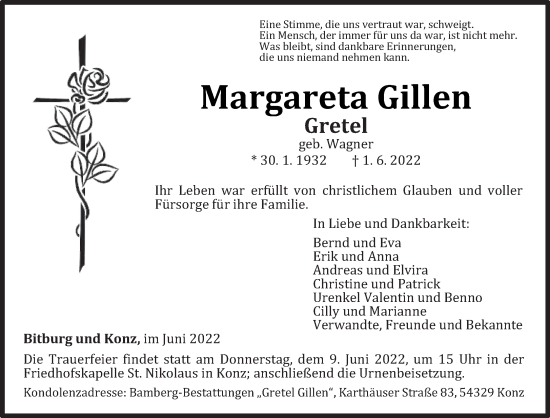 Traueranzeige von Margareta Gillen von trierischer_volksfreund
