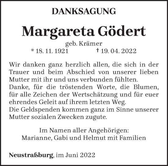 Traueranzeige von Margareta Gödert von trierischer_volksfreund