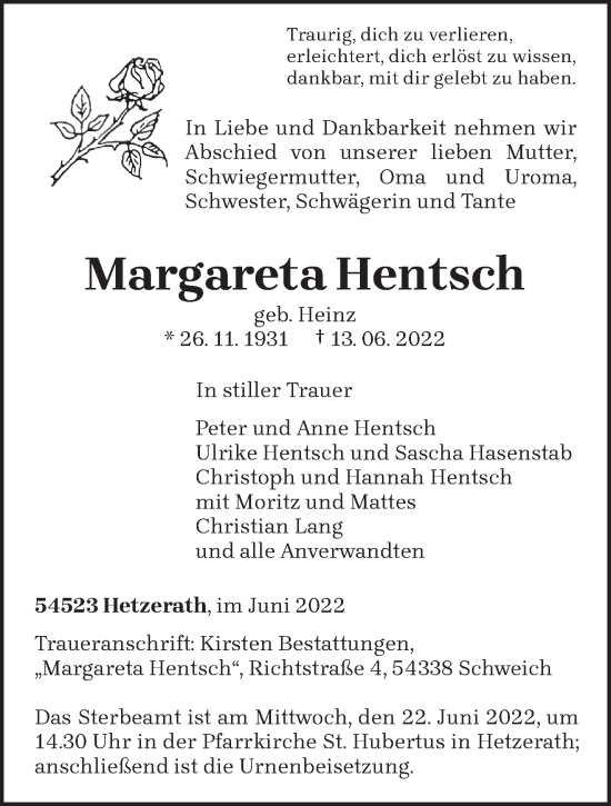Traueranzeige von Margareta Hentsch von trierischer_volksfreund