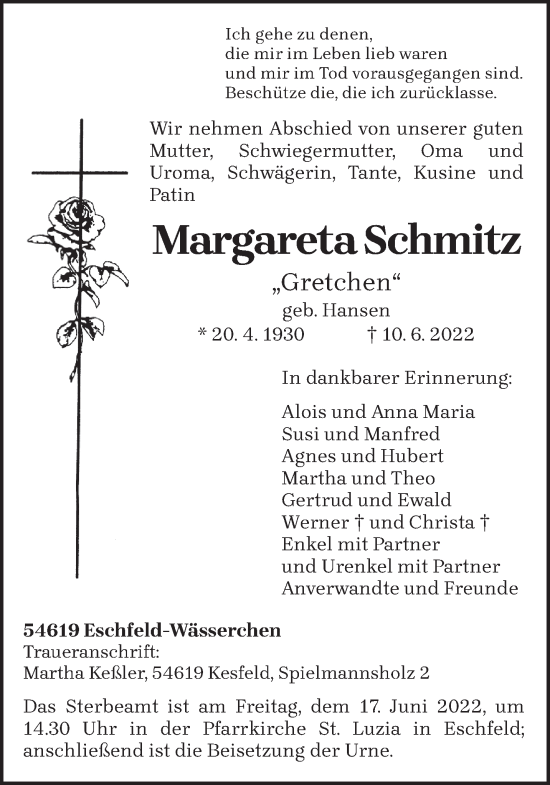Traueranzeige von Margareta Schmitz von trierischer_volksfreund