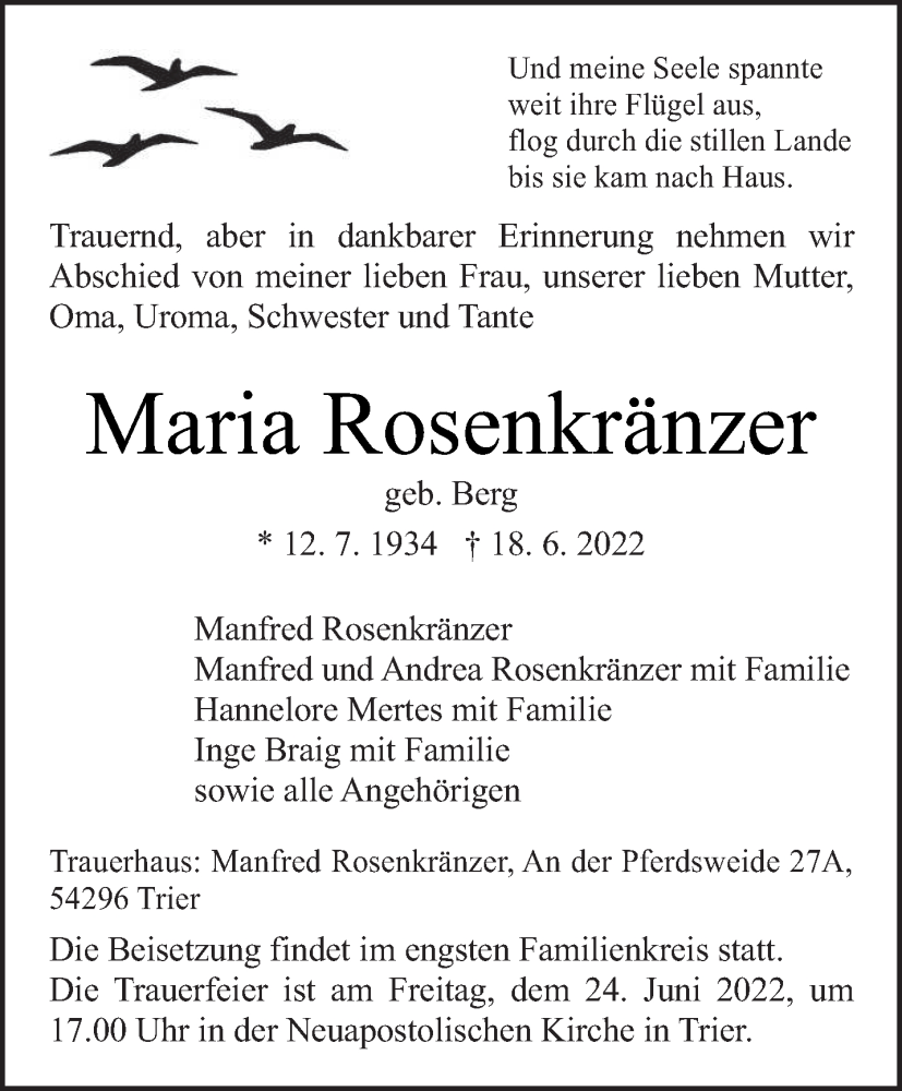  Traueranzeige für Maria Rosenkränzer vom 22.06.2022 aus trierischer_volksfreund