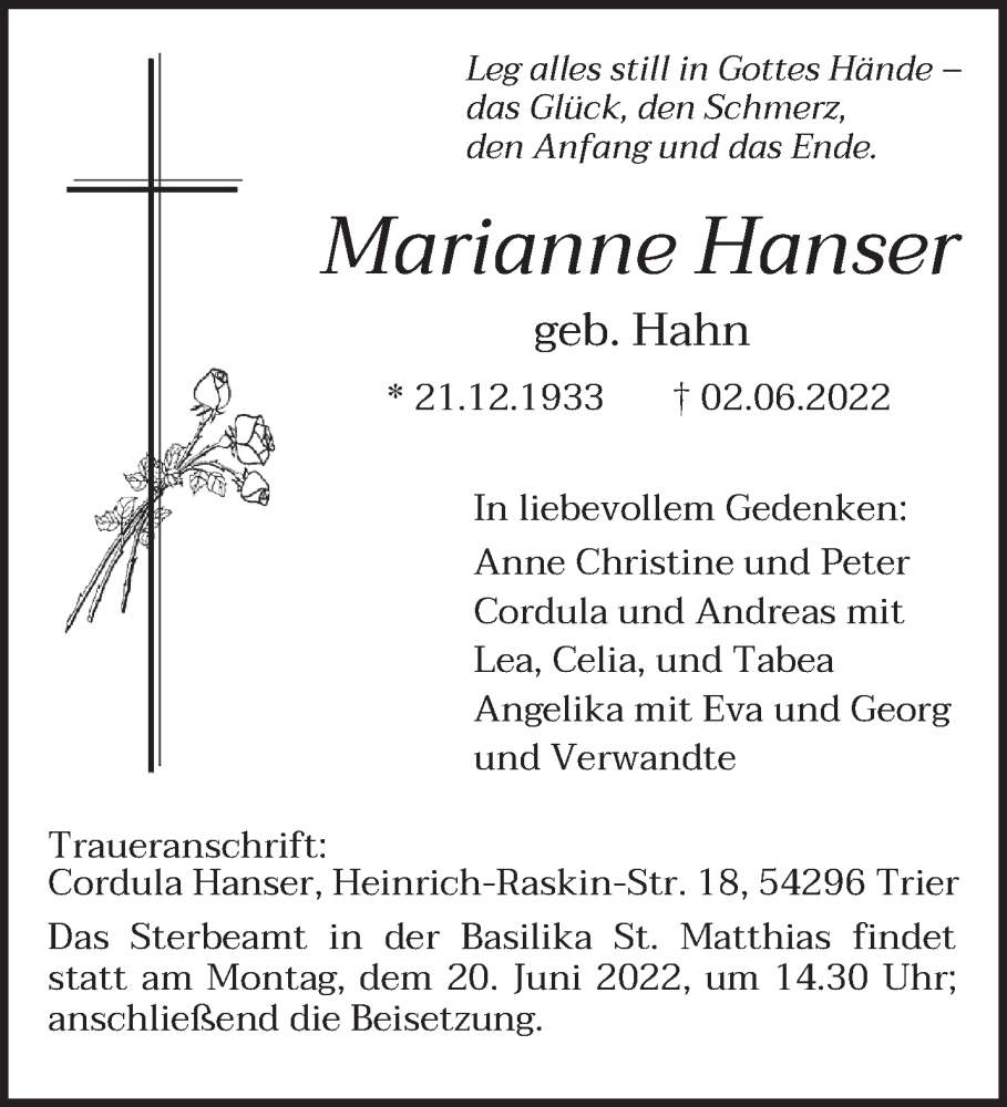  Traueranzeige für Marianne Hanser vom 11.06.2022 aus trierischer_volksfreund