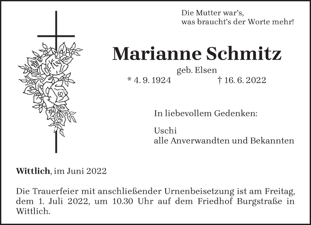  Traueranzeige für Marianne Schmitz vom 25.06.2022 aus trierischer_volksfreund