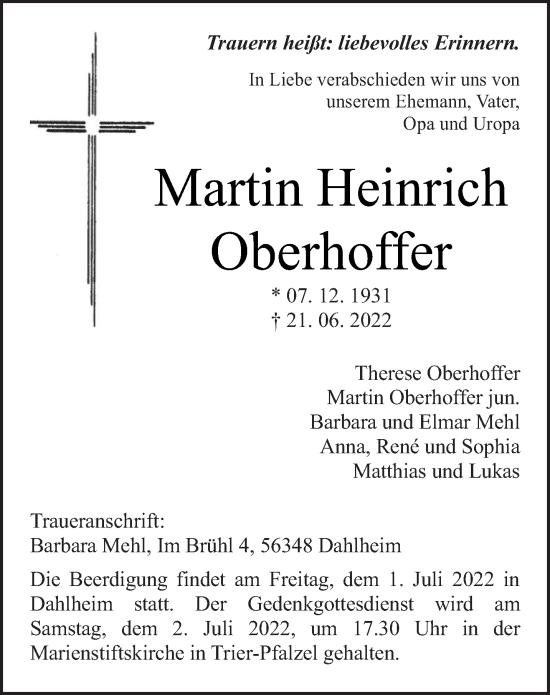 Traueranzeige von Martin Heinrich Oberhoffer von trierischer_volksfreund