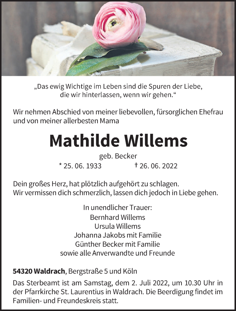  Traueranzeige für Mathilde Willems vom 29.06.2022 aus trierischer_volksfreund