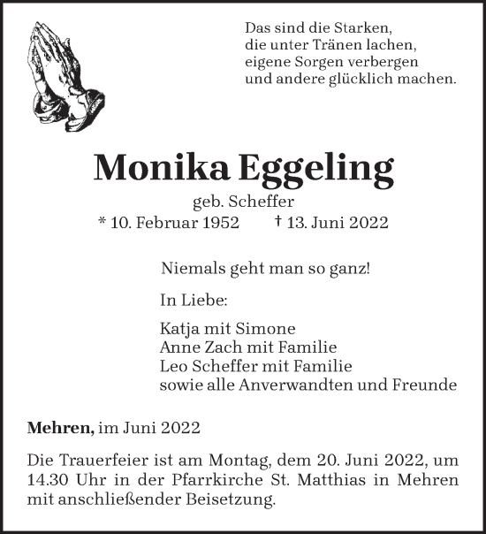Traueranzeige von Monika Eggeling von trierischer_volksfreund