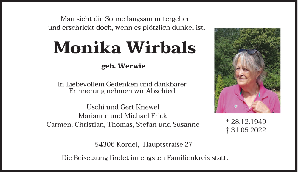  Traueranzeige für Monika Wirbals vom 04.06.2022 aus trierischer_volksfreund