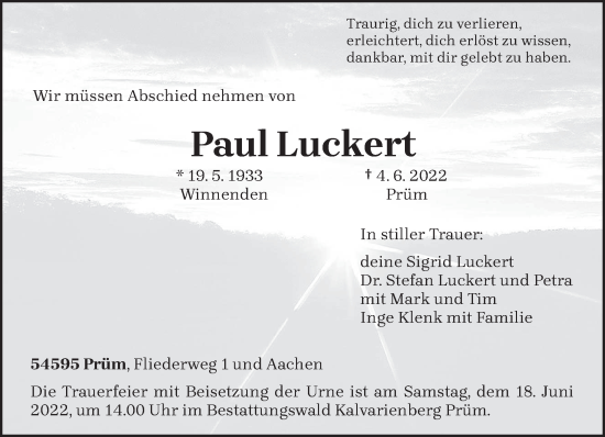 Traueranzeige von Paul Luckert von trierischer_volksfreund