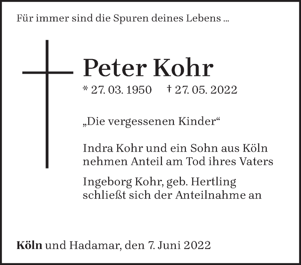  Traueranzeige für Peter Kohr vom 08.06.2022 aus trierischer_volksfreund