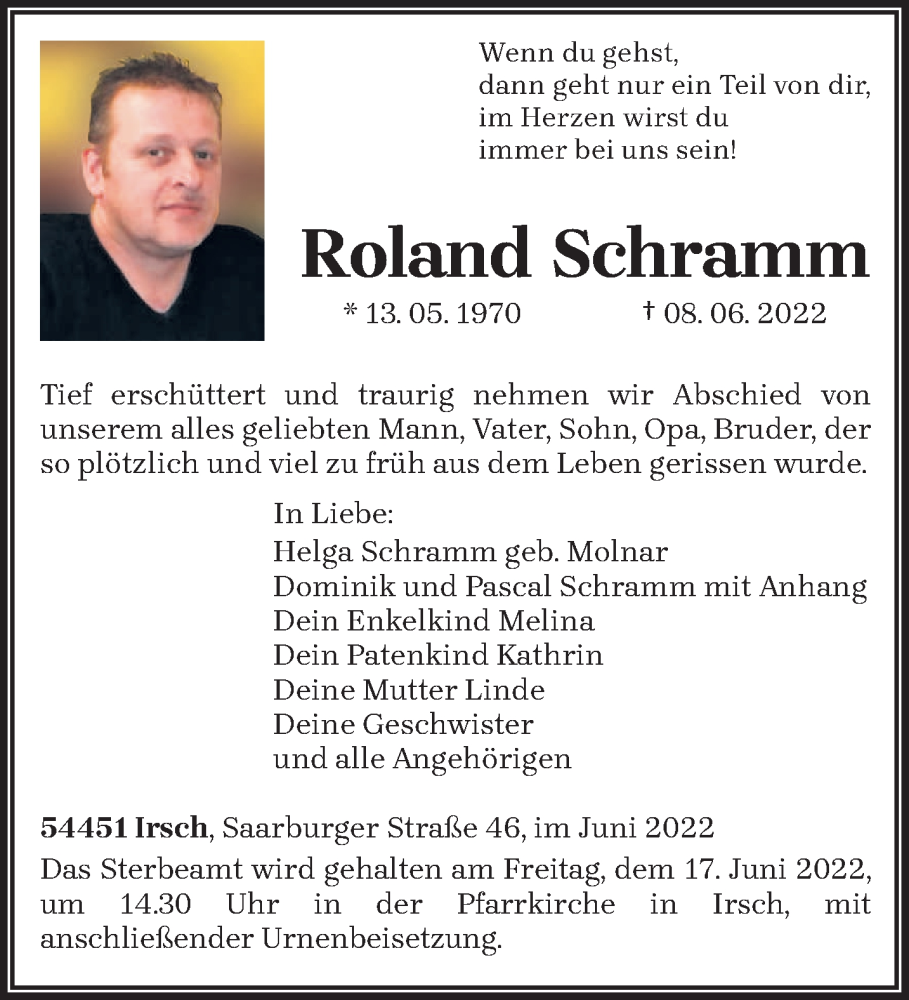  Traueranzeige für Roland Schramm vom 15.06.2022 aus trierischer_volksfreund
