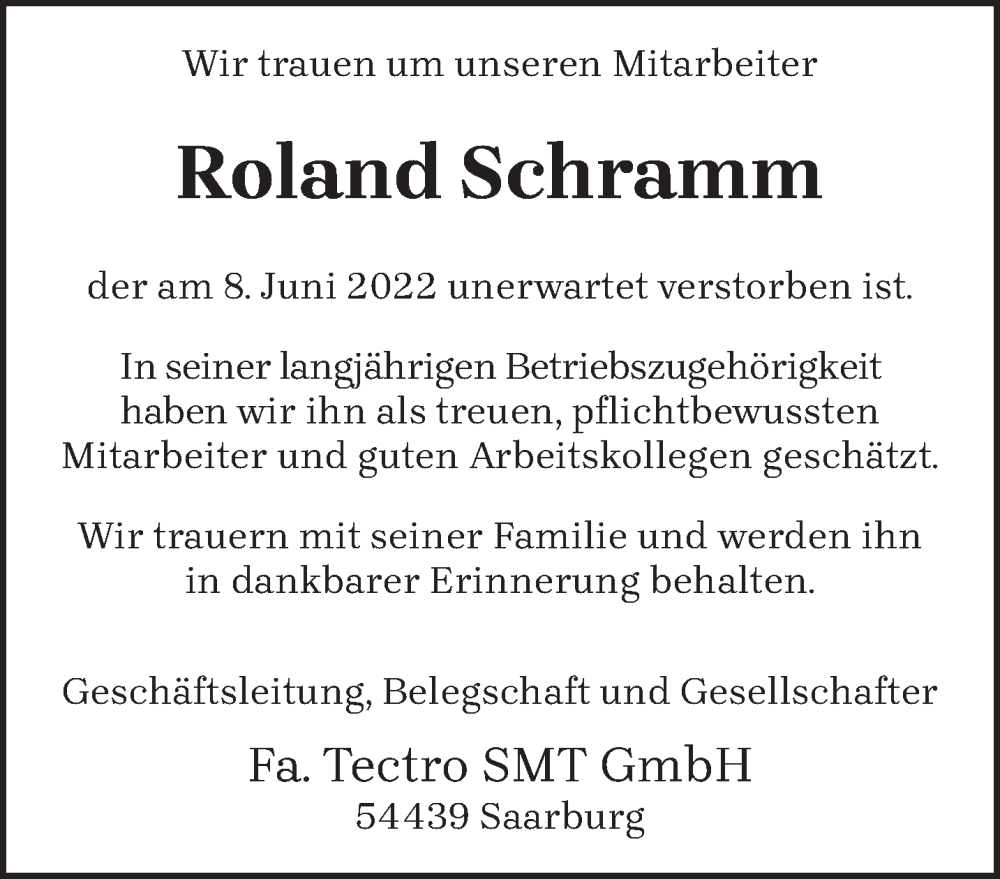  Traueranzeige für Roland Schramm vom 15.06.2022 aus trierischer_volksfreund