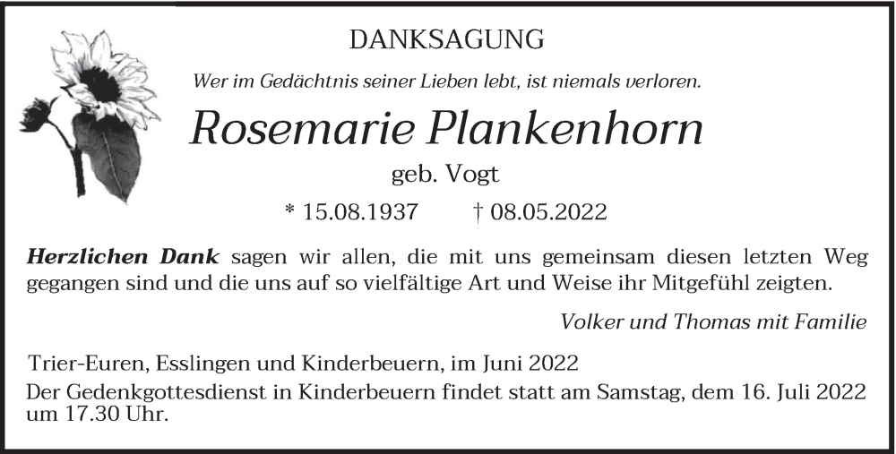  Traueranzeige für Rosemarie Plankenhorn vom 11.06.2022 aus trierischer_volksfreund