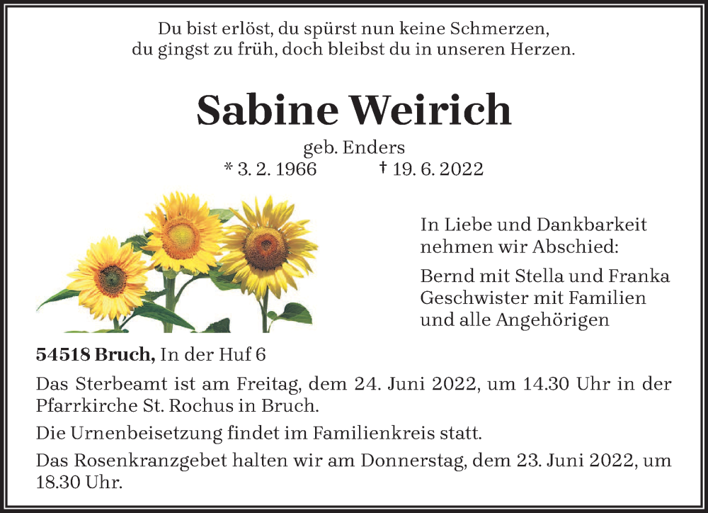  Traueranzeige für Sabine Weirich vom 21.06.2022 aus trierischer_volksfreund