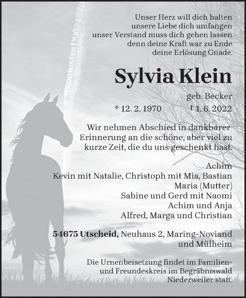  Traueranzeige für Sylvia Klein vom 08.06.2022 aus trierischer_volksfreund