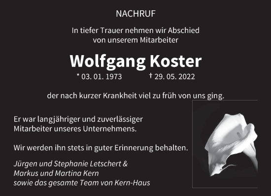 Traueranzeige von Wolfgang Koster von trierischer_volksfreund