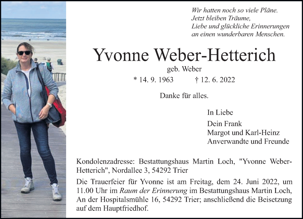  Traueranzeige für Yvonne Weber-Hetterich vom 18.06.2022 aus trierischer_volksfreund