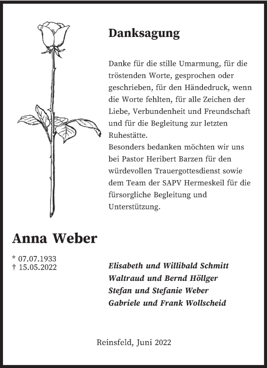 Traueranzeige von Anna Weber von trierischer_volksfreund