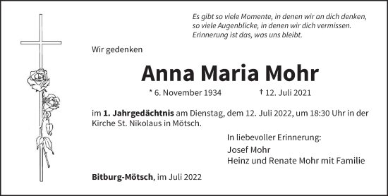 Traueranzeige von Anna Maria Mohr von trierischer_volksfreund