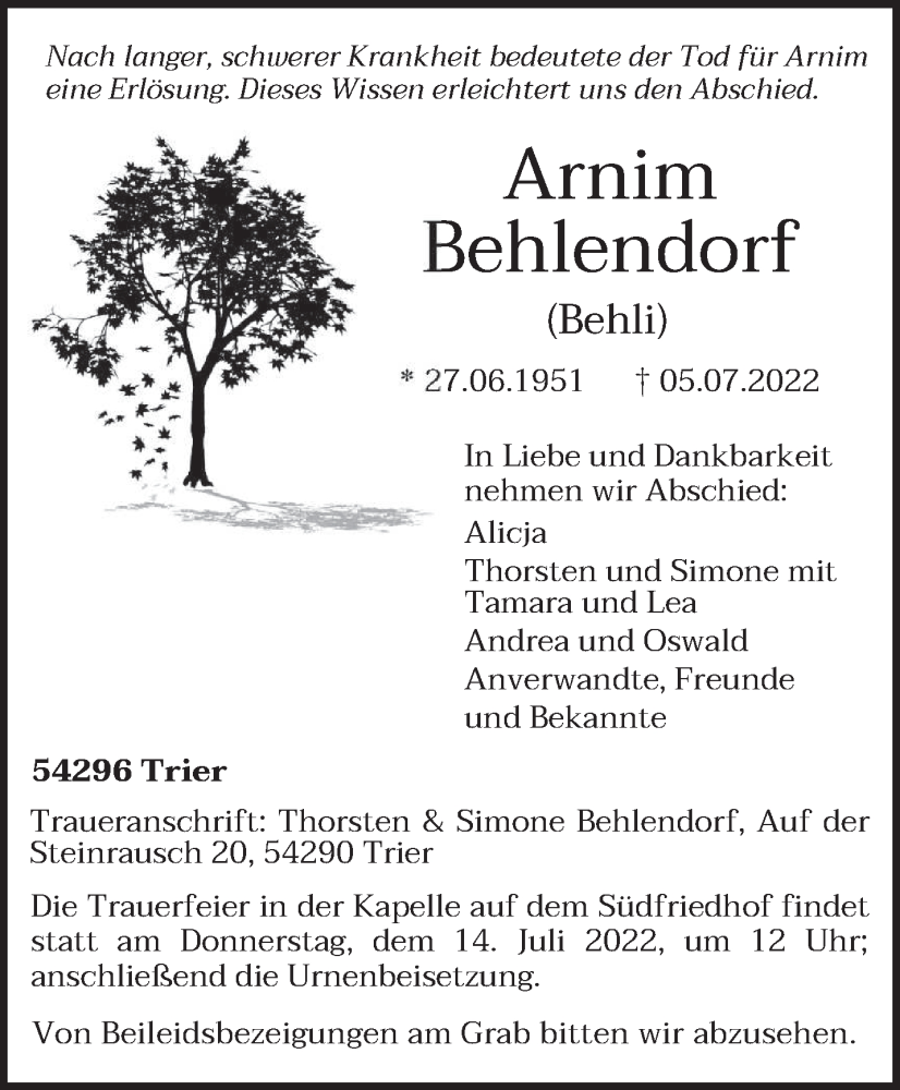  Traueranzeige für Arnim Behlendorf vom 09.07.2022 aus trierischer_volksfreund