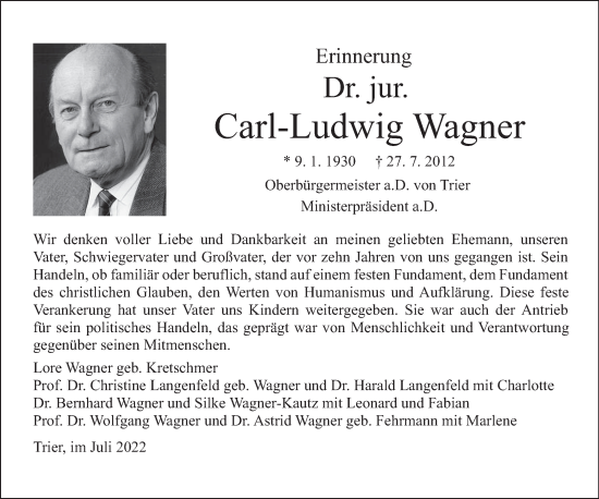 Traueranzeige von Carl-Ludwig Wagner von trierischer_volksfreund