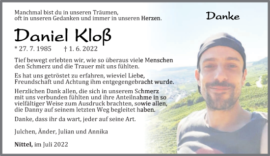 Traueranzeige von Daniel Kloß von trierischer_volksfreund
