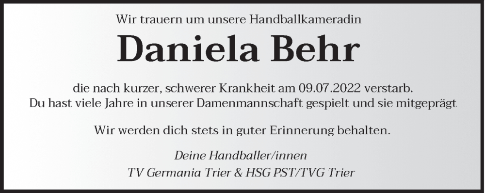  Traueranzeige für Daniela Behr vom 23.07.2022 aus trierischer_volksfreund