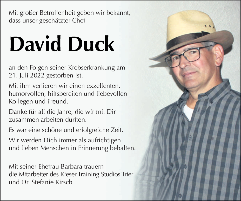  Traueranzeige für David Duck vom 30.07.2022 aus trierischer_volksfreund