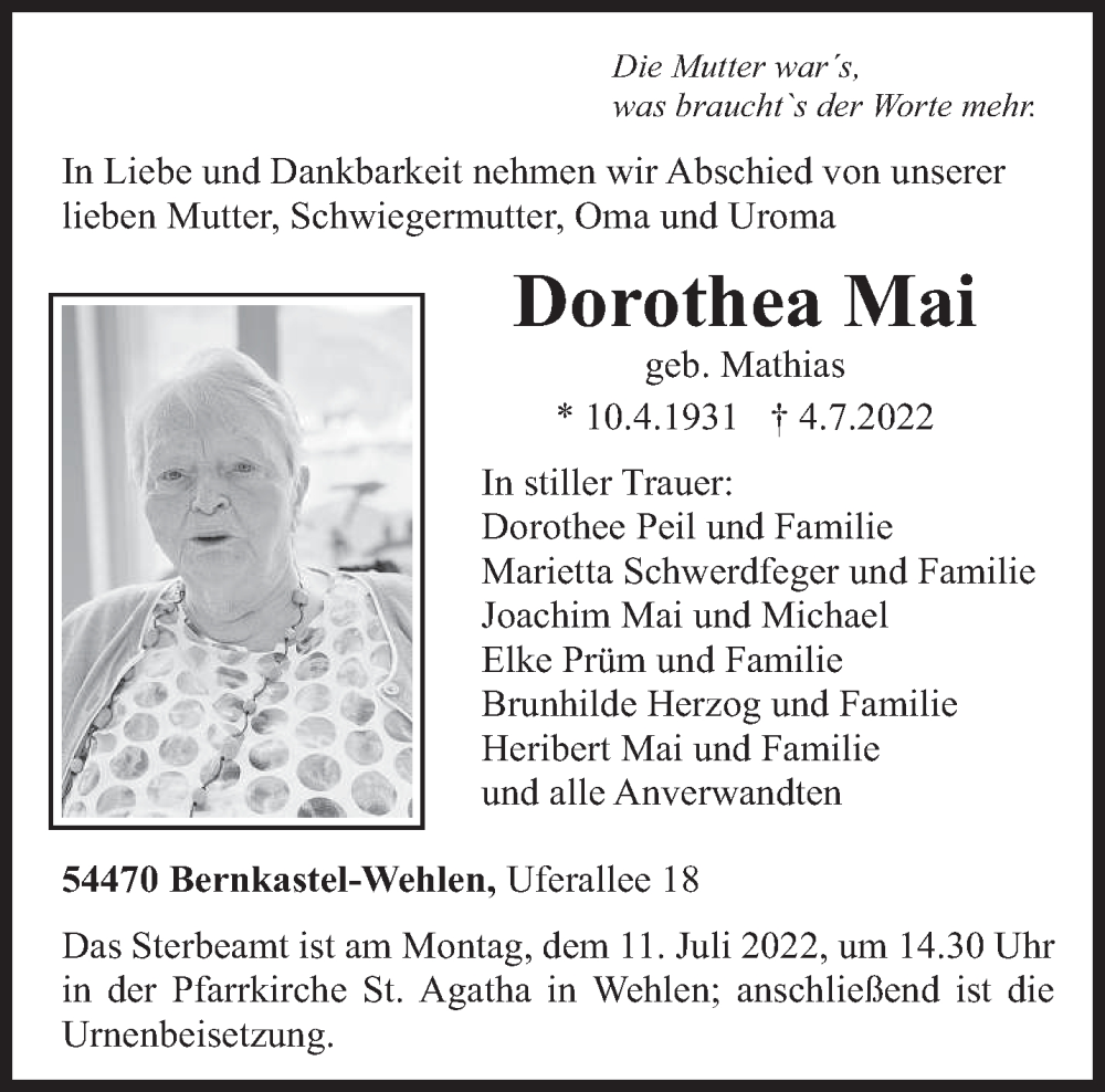 Traueranzeigen Von Dorothea Mai | Volksfreund.Trauer.de