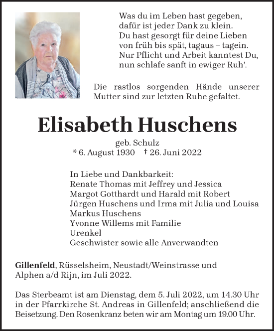 Traueranzeige von Elisabeth Huschens von trierischer_volksfreund