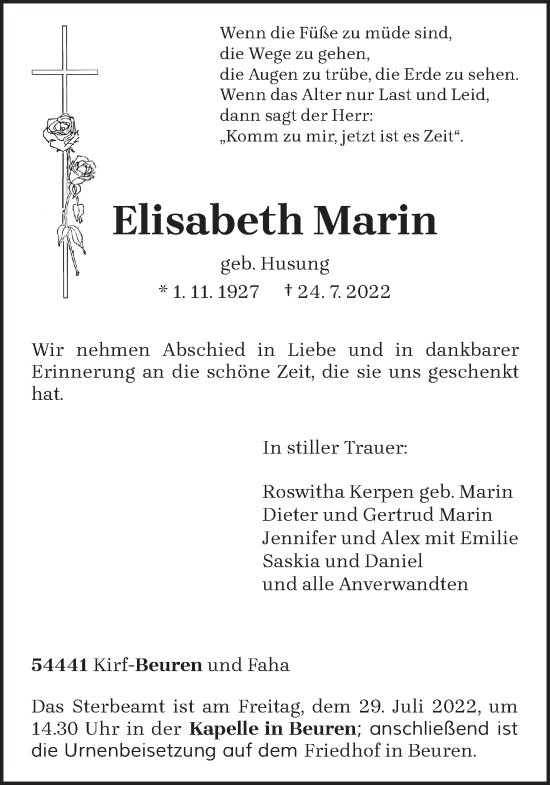 Traueranzeige von Elisabeth Marin von trierischer_volksfreund