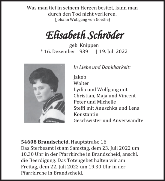 Traueranzeige von Elisabeth Schröder von trierischer_volksfreund