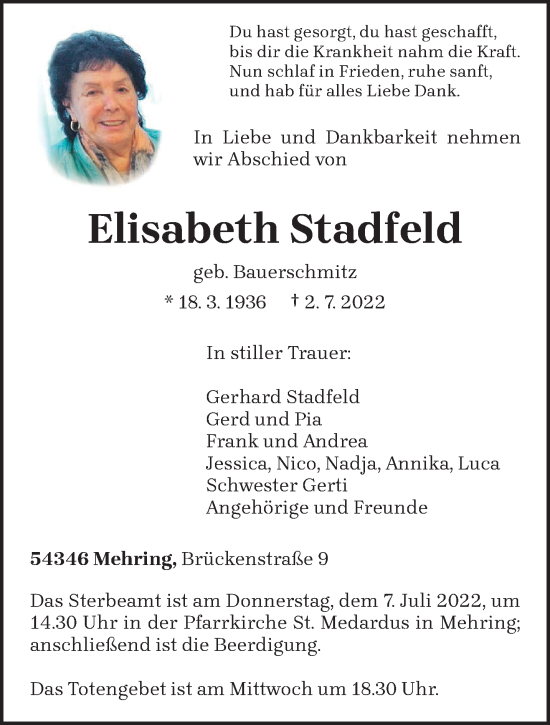 Traueranzeige von Elisabeth Stadfeld von trierischer_volksfreund