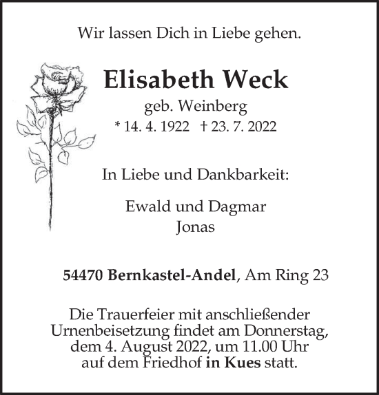 Traueranzeige von Elisabeth Weck von trierischer_volksfreund