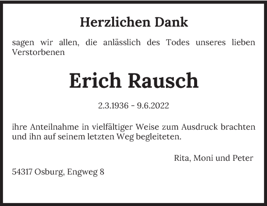 Traueranzeige von Erich Rausch von trierischer_volksfreund